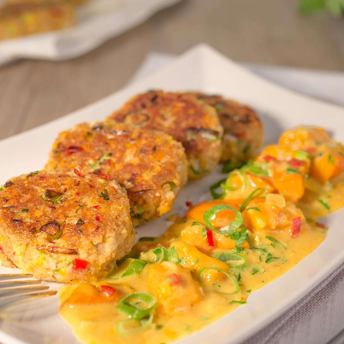 Scharfe Grünkern-Süßlupinen-Bratlinge mit Kürbis-Curry