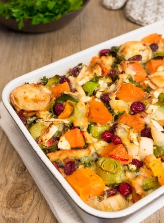 Süßkartoffel-Auflauf mit Ziegenkäse und Cranberries